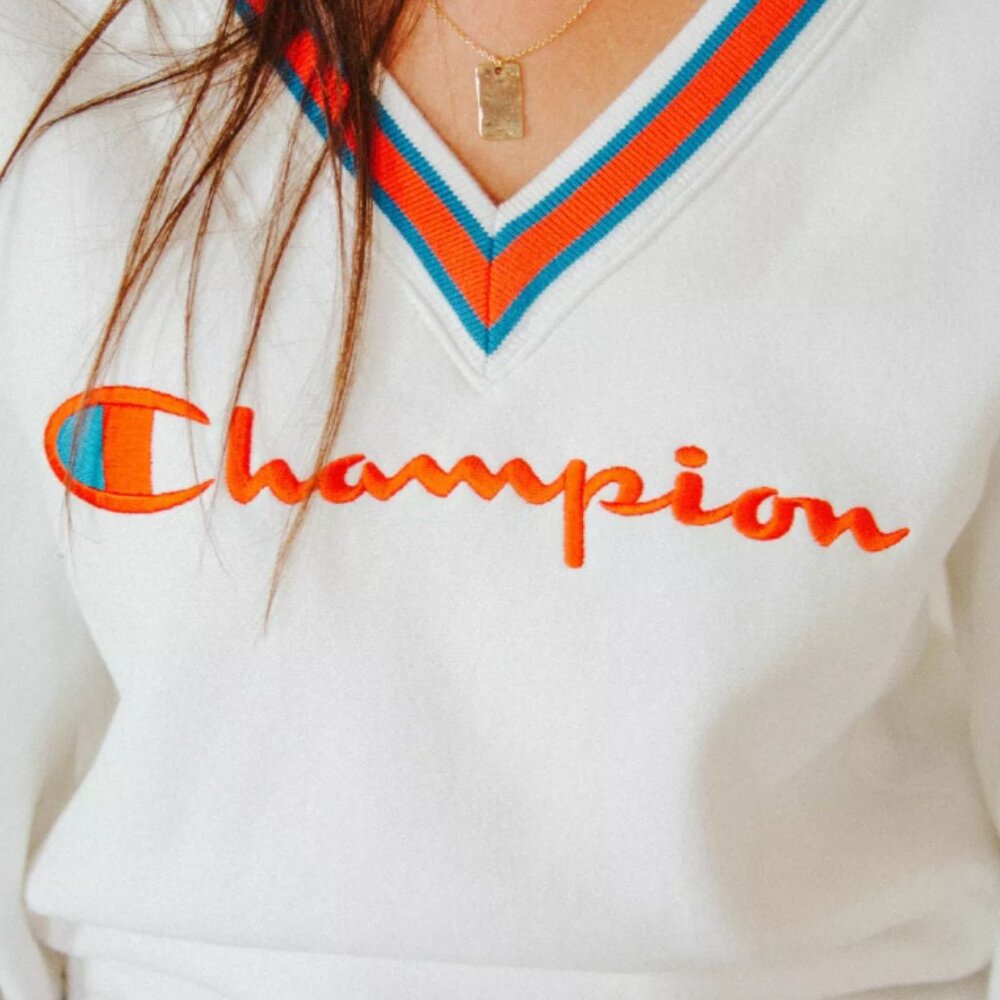 Champion Sweatshirt Heritage V-Neck Striped Trim White Small - Picture 2 of 7